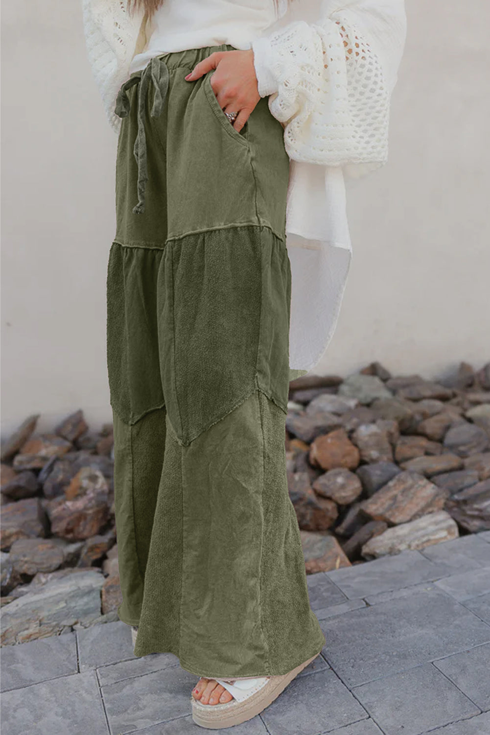 Vineyard Green Mineral Wash Tiered Wide Leg Patchwork Drawstring Pants