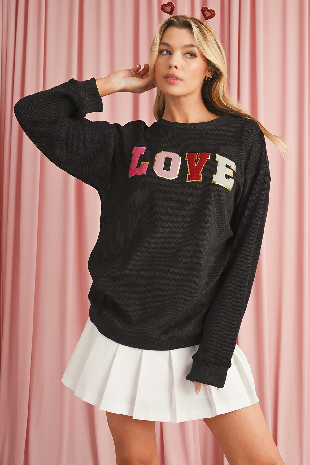 Black Glitter LOVE Letter Graphic Corded Baggy Sweatshirt