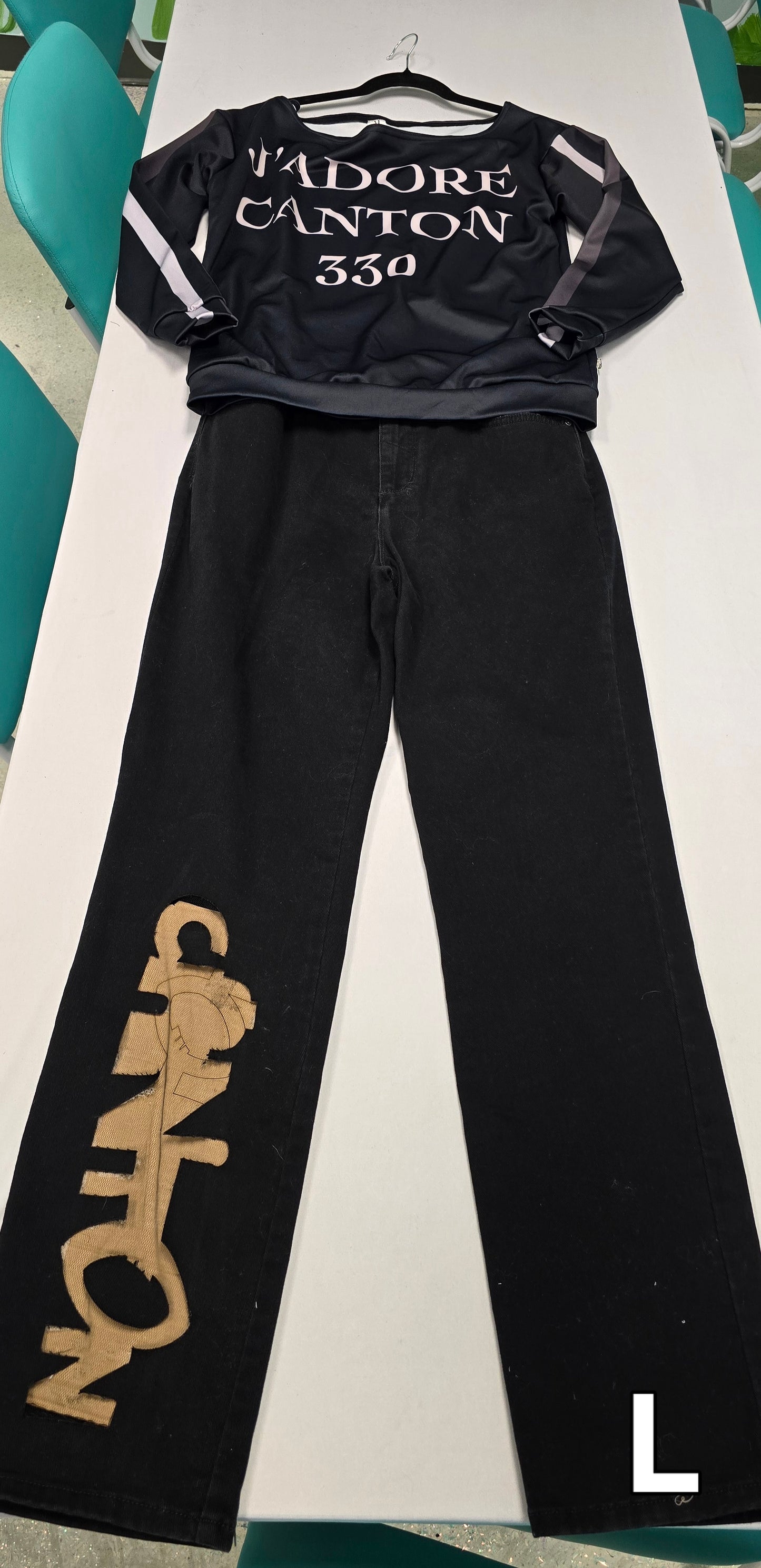 J'Adore Canton Women's Off-Shoulder Sweatshirt black on white base with sports stripes