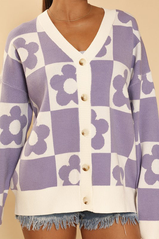 Checkered flower knit cardigan
