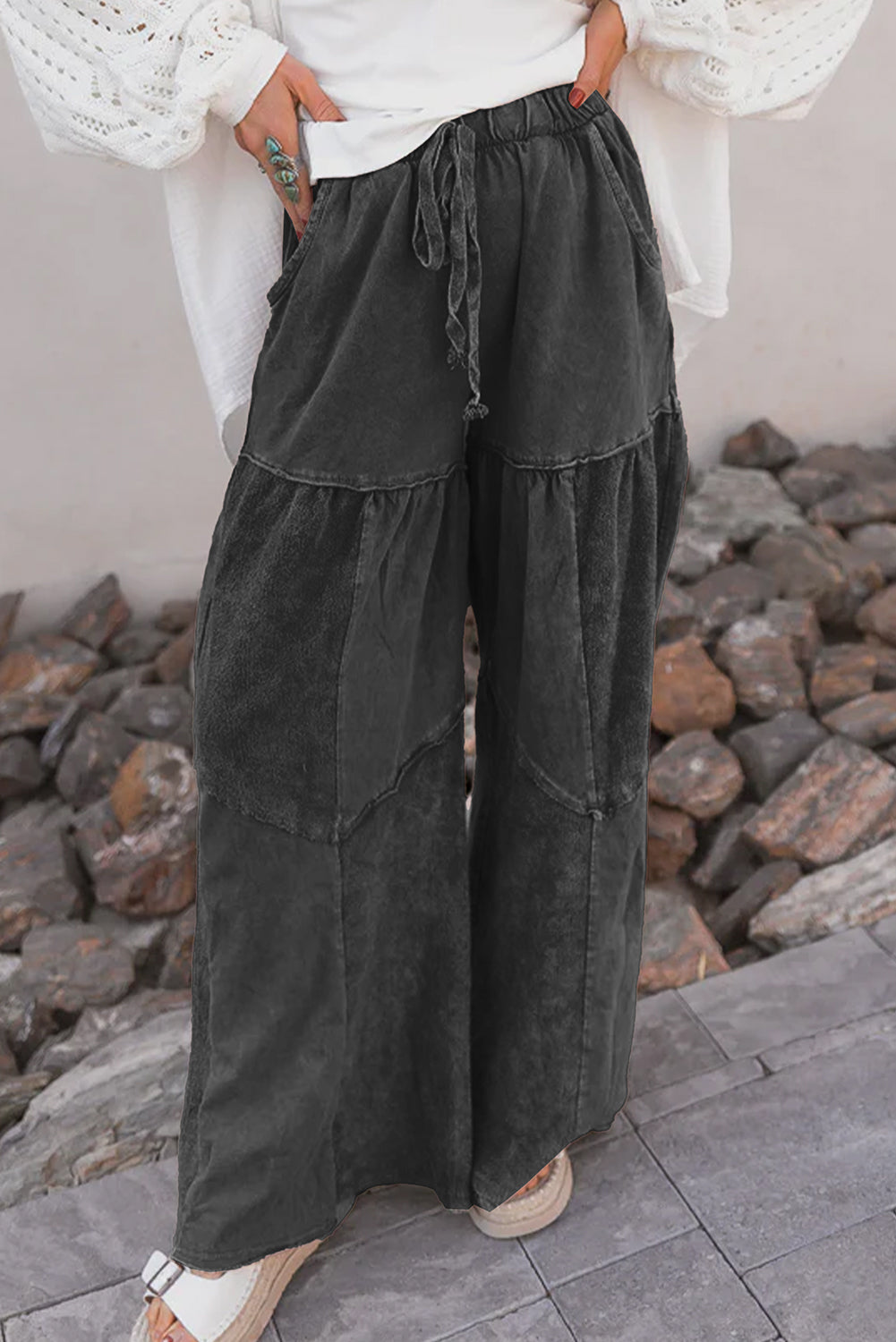 Vineyard Green Mineral Wash Tiered Wide Leg Patchwork Drawstring Pants
