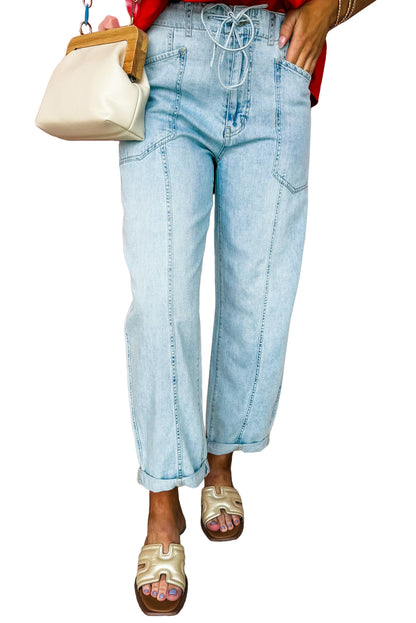 Myosotis Exposed Stitch Detail Drawstring Barrel Jeans