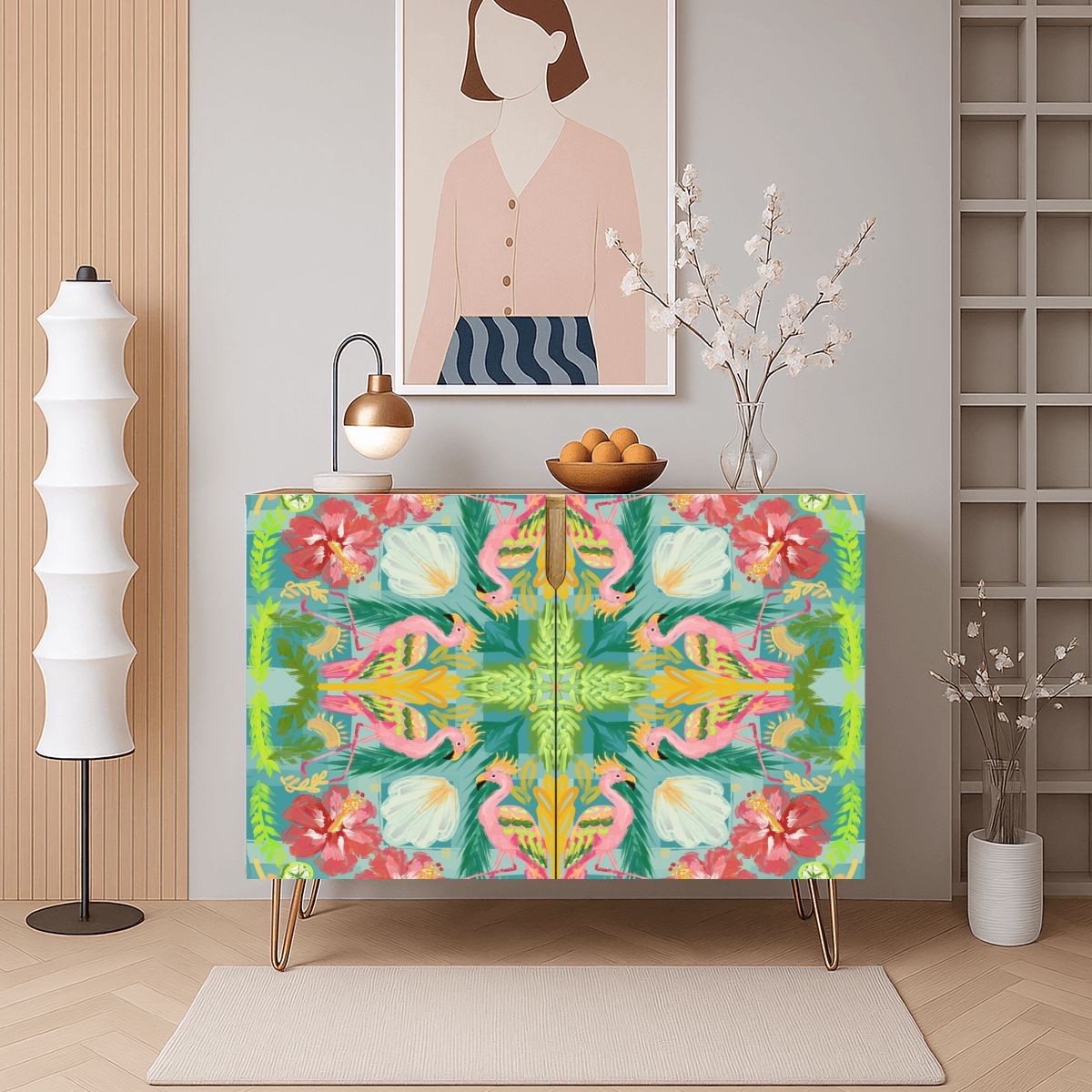 Wooden Storage Cabinet (Made in USA) Flamingo summer on green