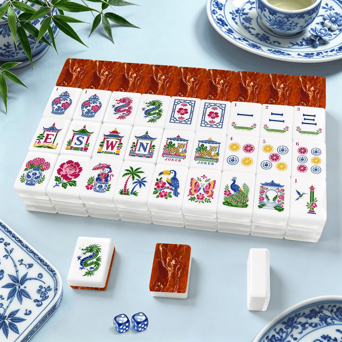 American Mahjong Tiles (Traditional Porcelain Style) Geode Series 1 Red fires