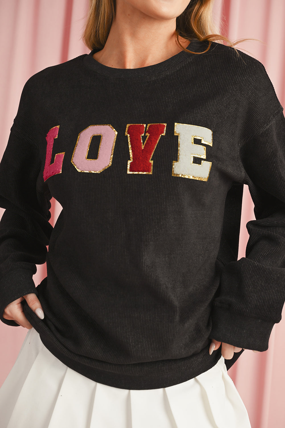 Black Glitter LOVE Letter Graphic Corded Baggy Sweatshirt