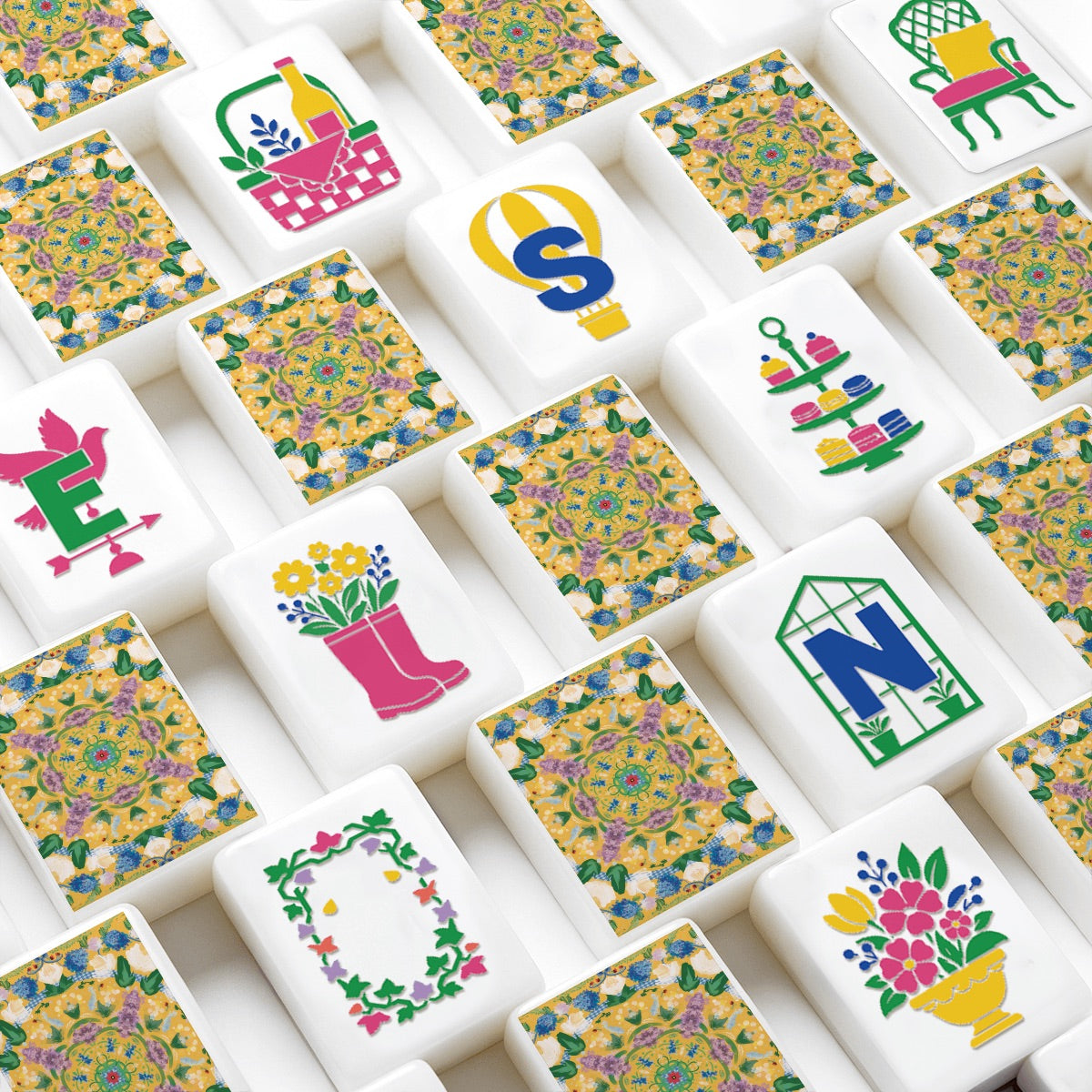 Yellow Mahjong Tiles Set (Floral Garden Style) (Single Layer)