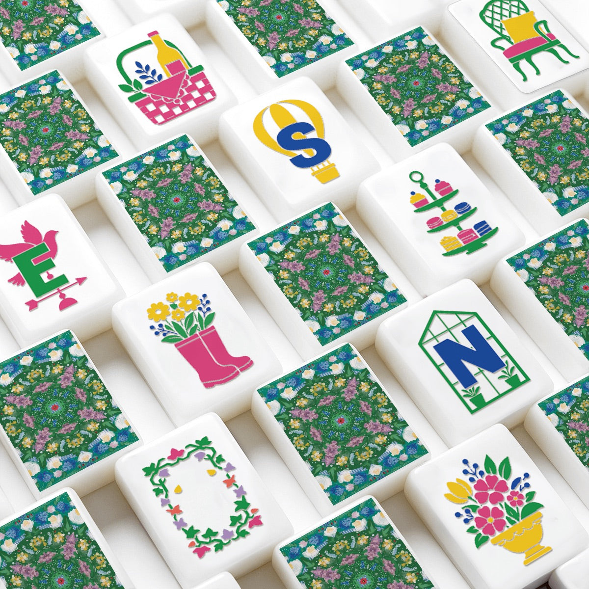 Green Mahjong Tiles Set (Floral Garden Style) (Single Layer)
