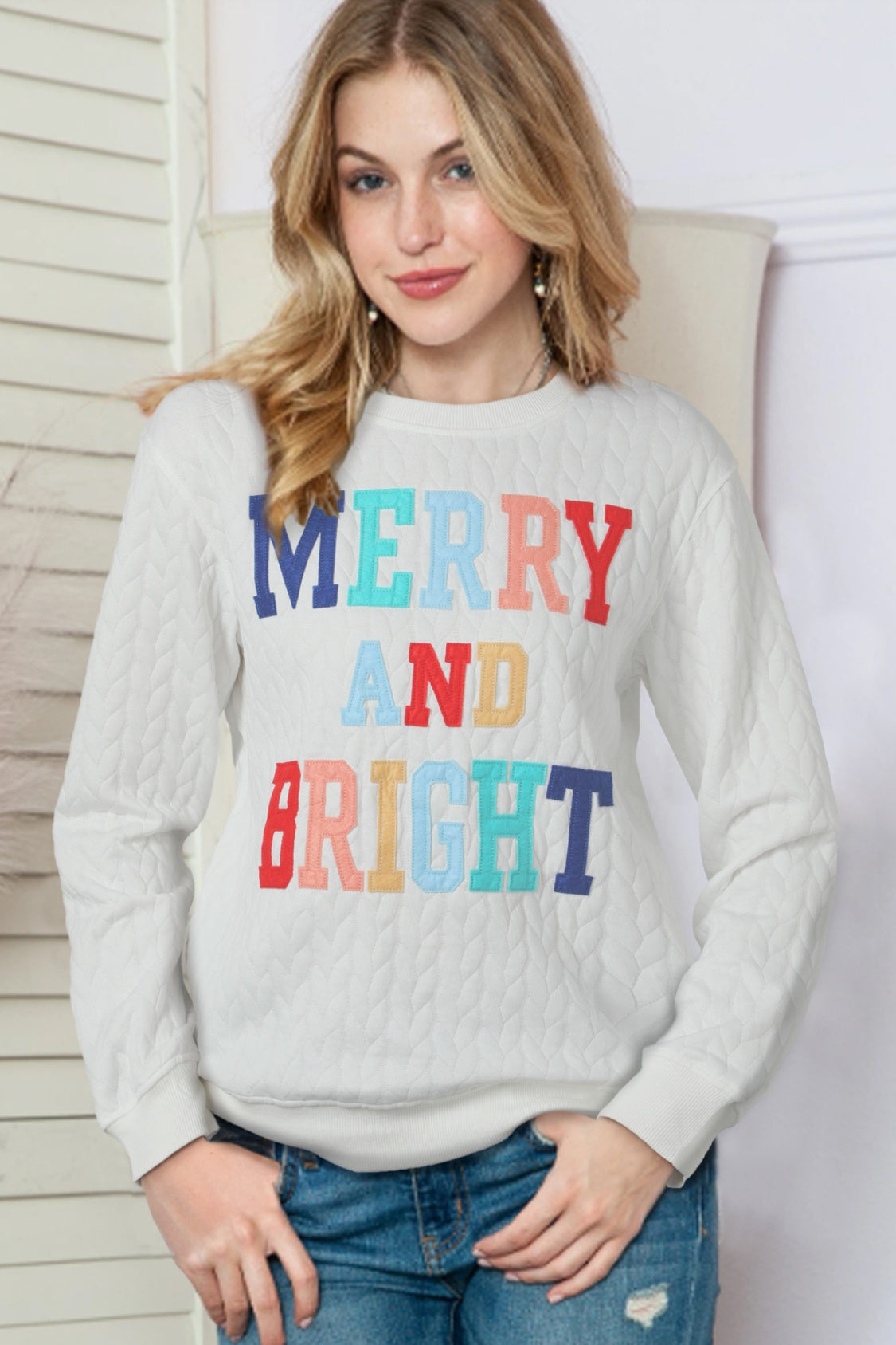 Full Size MERRY AND BRIGHT Cable Knit Pullover Sweatshirt