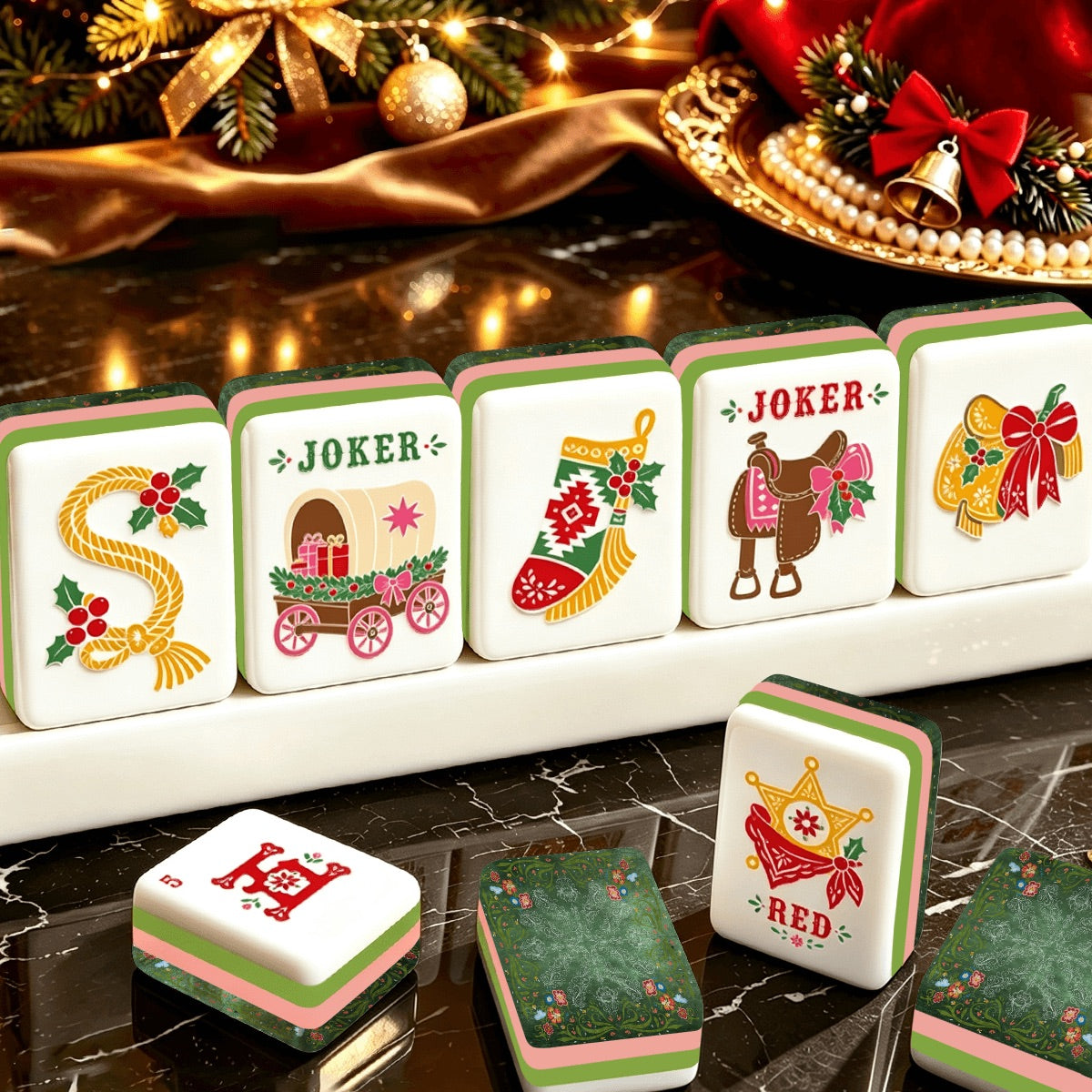 Western Christmas Mahjong Tiles Green Boots