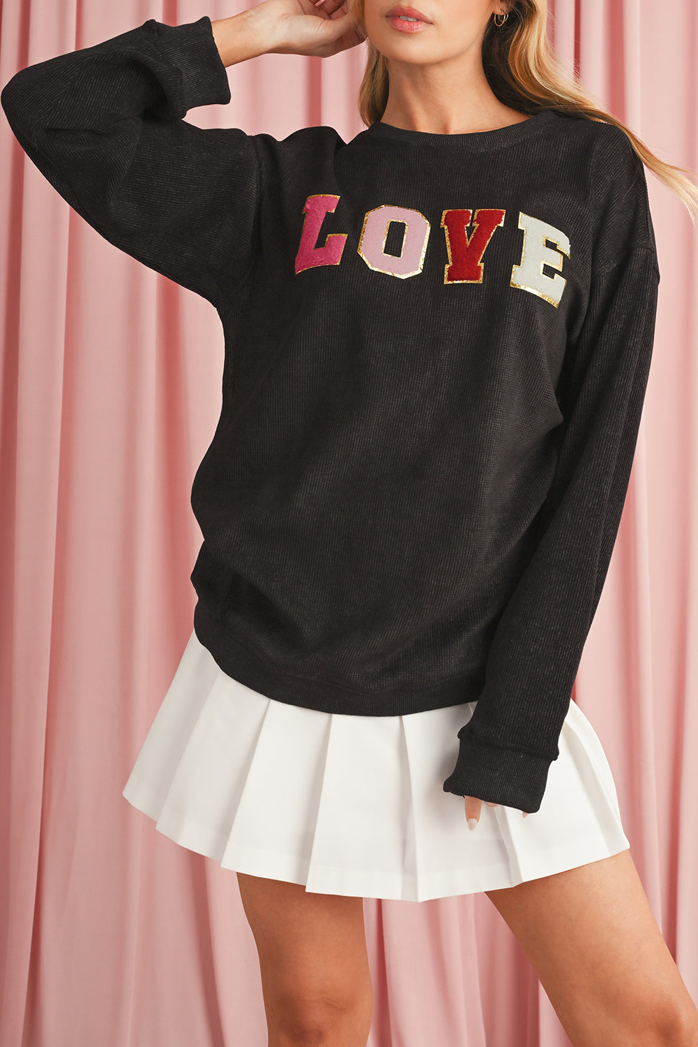 Black Glitter LOVE Letter Graphic Corded Baggy Sweatshirt