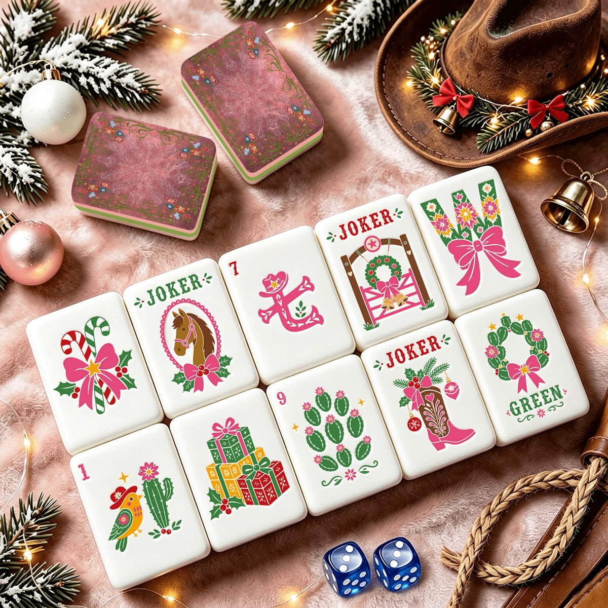 Western Christmas Mahjong Tiles Pink Boots