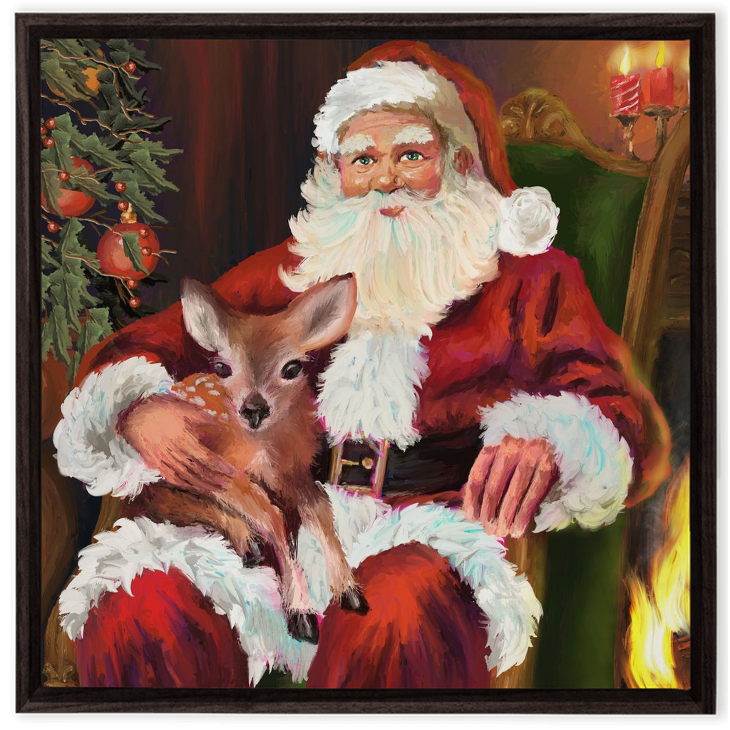 Magical Santa with baby deer Framed Canvas Wraps-powered by Artivive