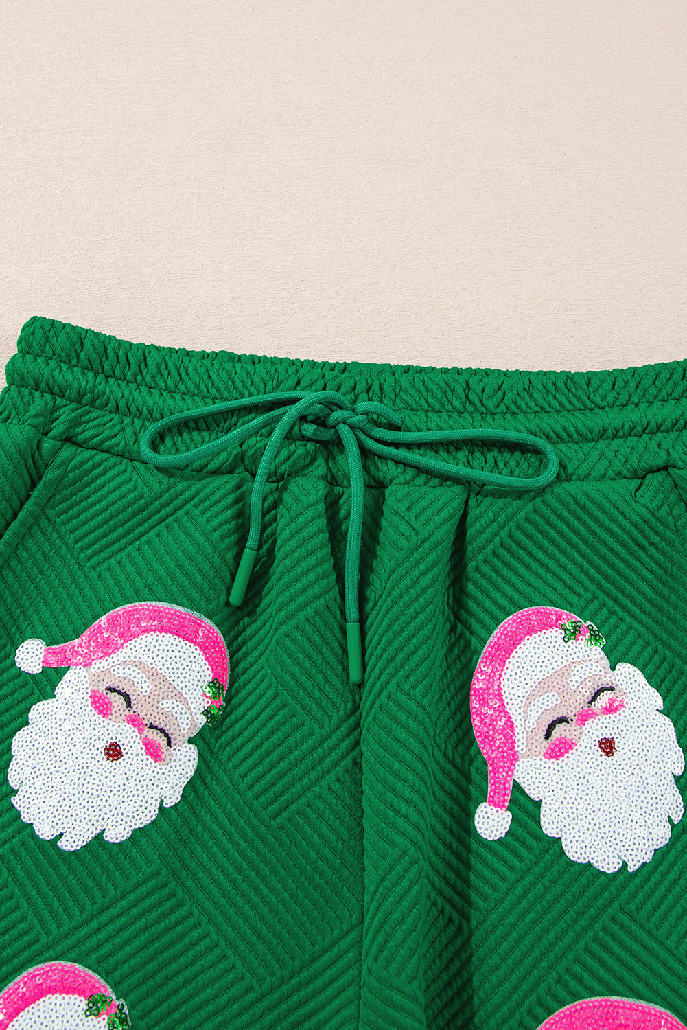 Green Santa Clause Pattern Textured Pullover and Shorts Casual Outfit