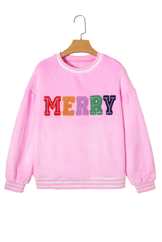 Sachet Pink Merry Letter Pattern Plush Pullover