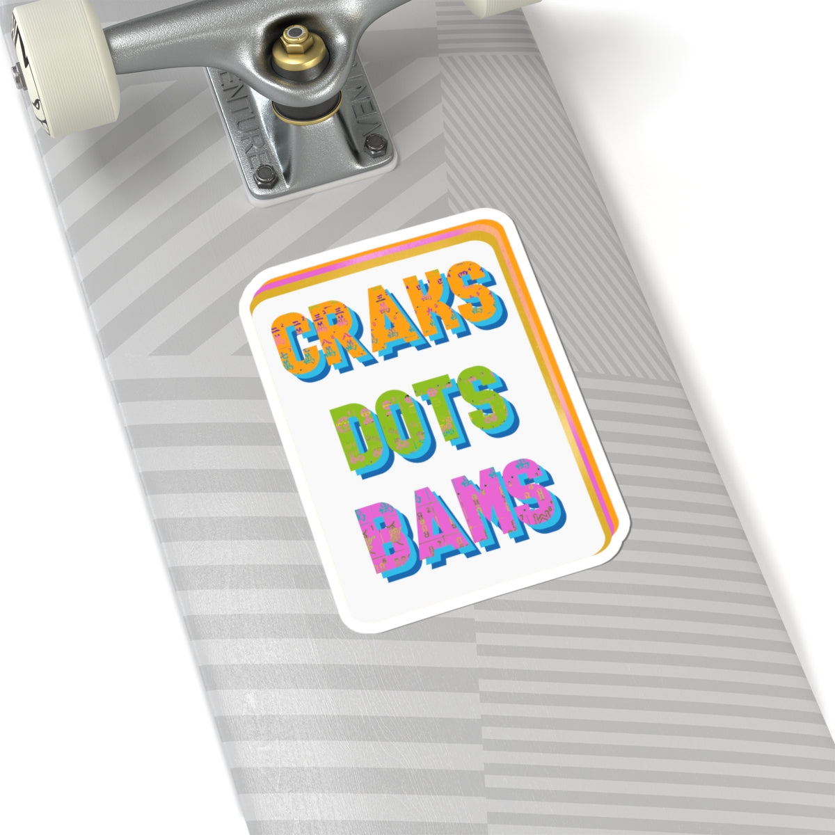 Kiss-Cut Sticker — Colorful 3D Text "CRAKS DOTS BAMS" Laptop Decal