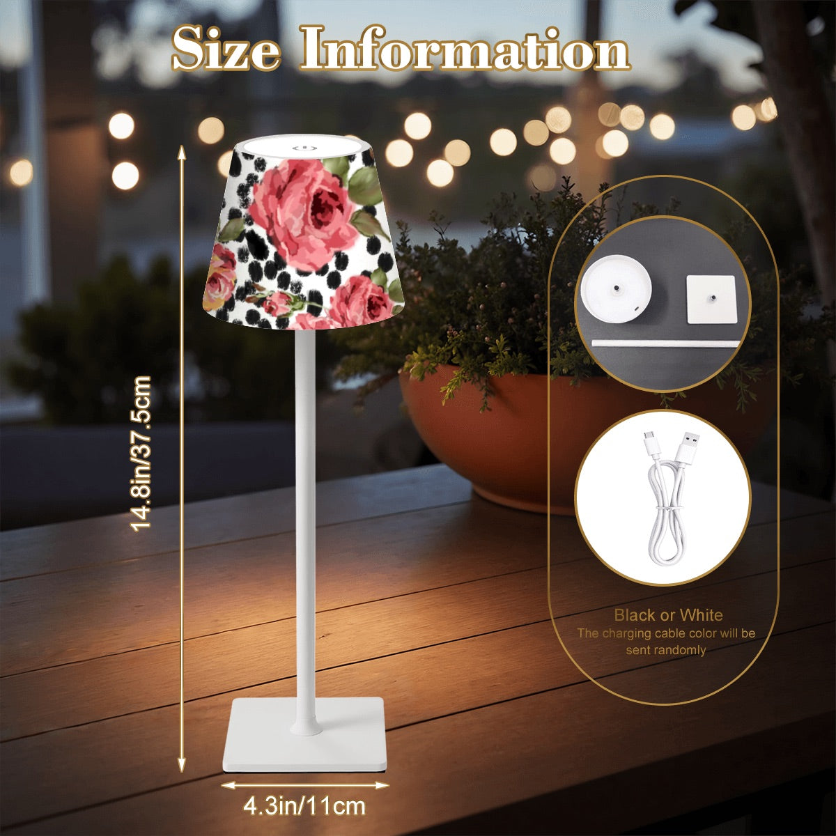 LED Cordless Table Lamp- in Painted roses on black and white