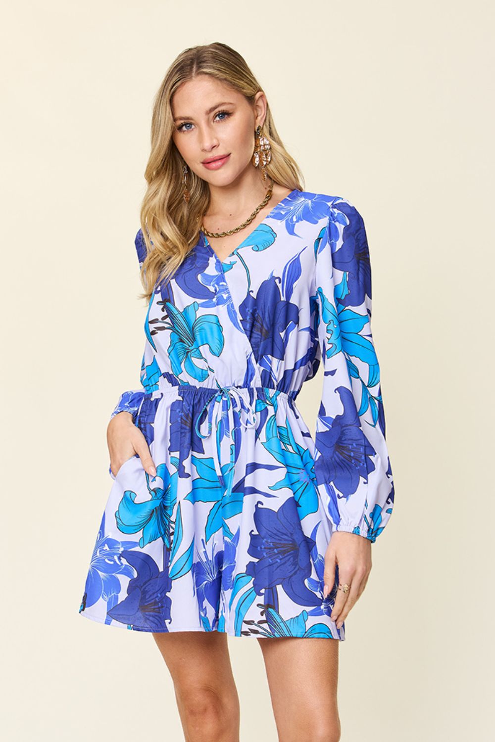 Double Take Full Size Floral Long Sleeve Romper with Pockets