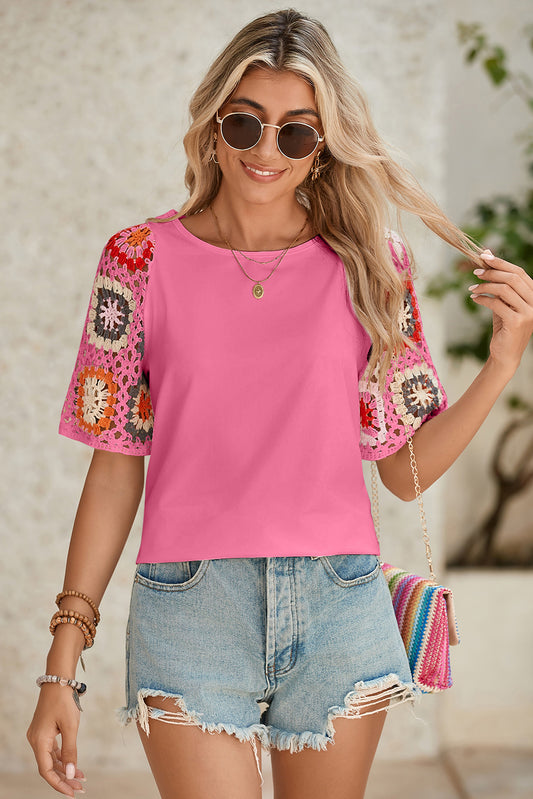 Strawberry Pink Floral Crochet Short Sleeve T Shirt