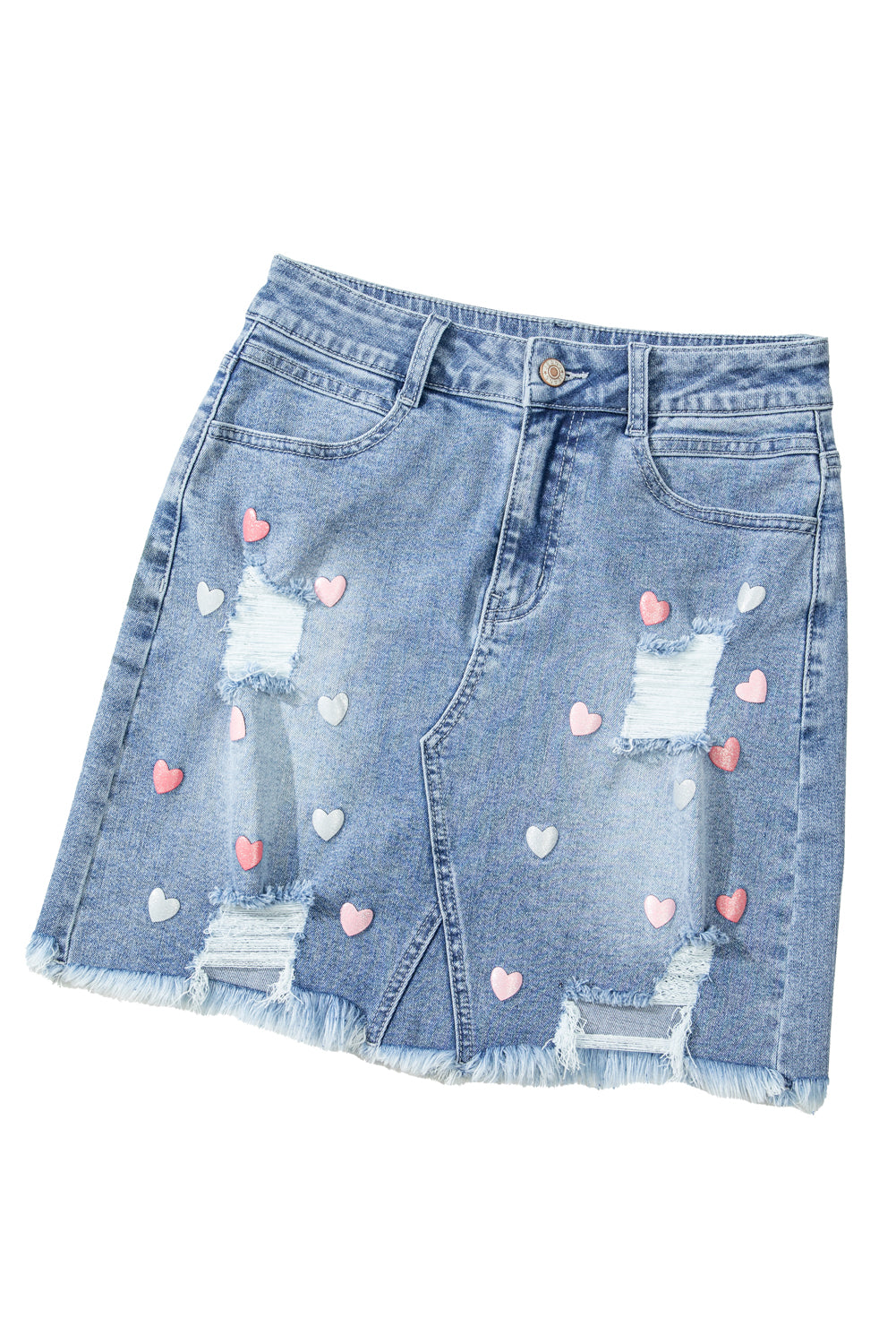 Beau Blue Shimmer Heart Pattern Distressed Denim Mini Skirt