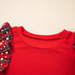 Racing Red Pearl Plaid Ruffle Sleeve Loose T Shirt