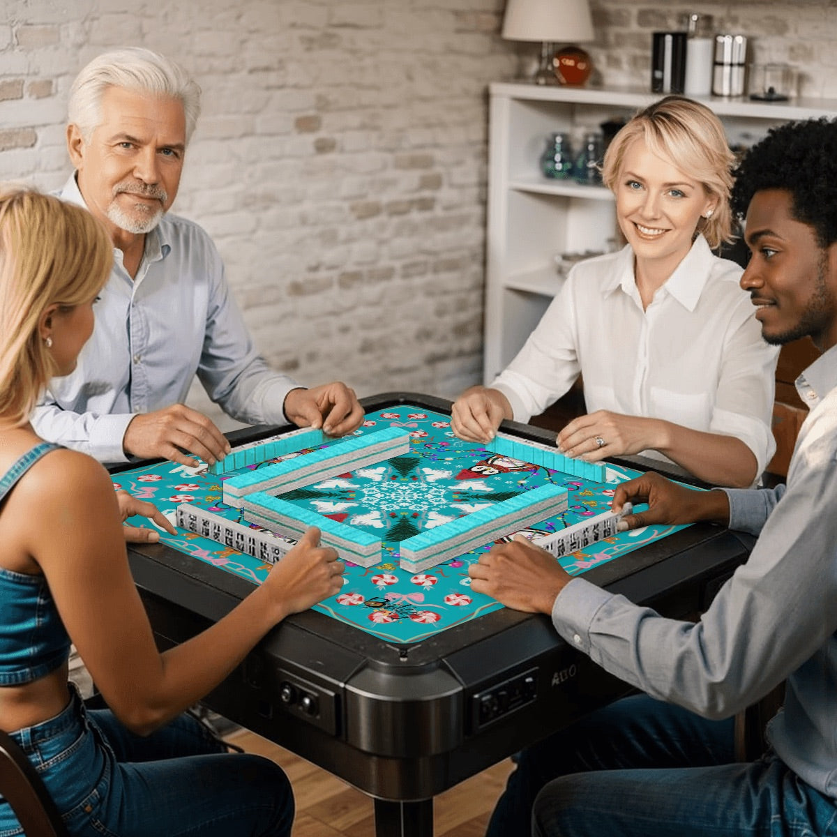 2026 Teal Penguin Winter Mahjong Mat 31.5"x31.5" (Ship Rolled up)