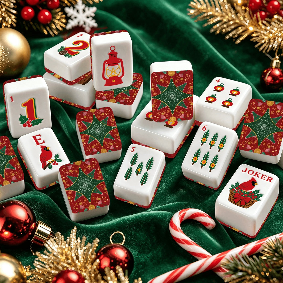 Christmas Cardinal American Mahjong Tiles Traditional Ted and Green