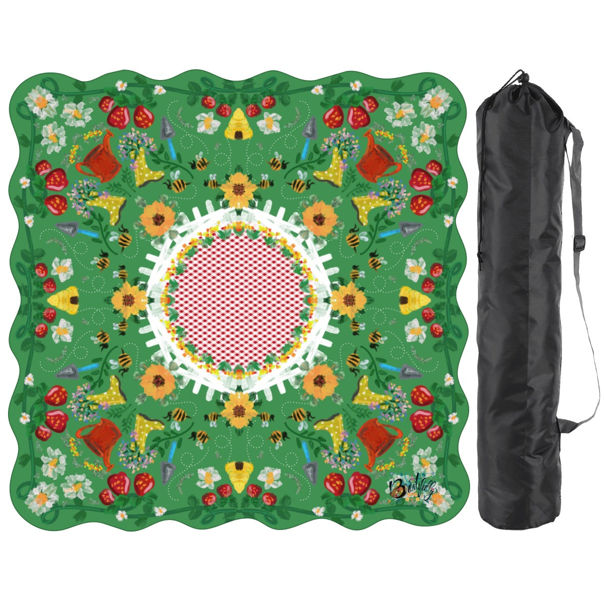 Strawberry Summer Season on Green - Scalloped Mahjong Mat 31.5"x31.5" (Ship Rolled up)