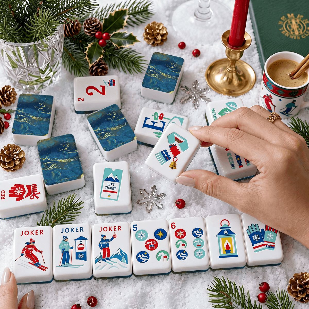 Alpine Slopes Christmas Mahjong Tiles Geode series in blue