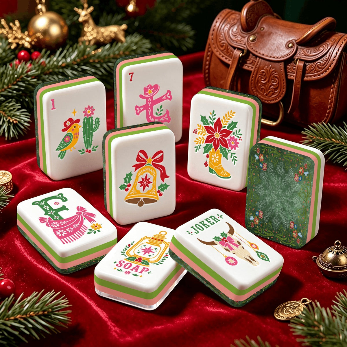 Western Christmas Mahjong Tiles Green Boots