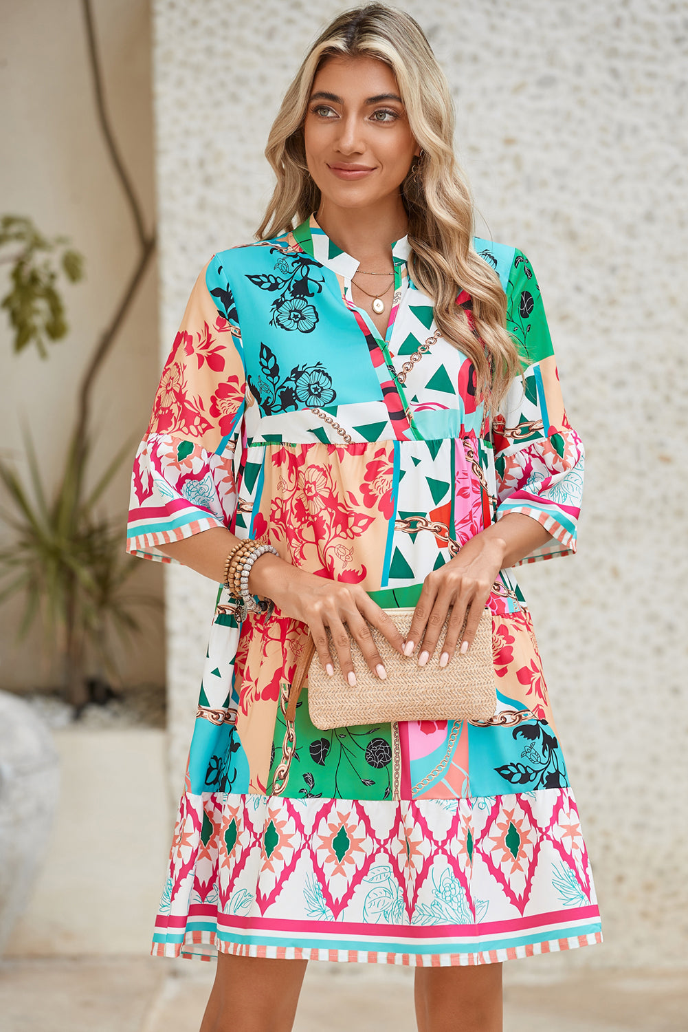 Multicolour Boho Abstract Print Flowy Tiered Dress