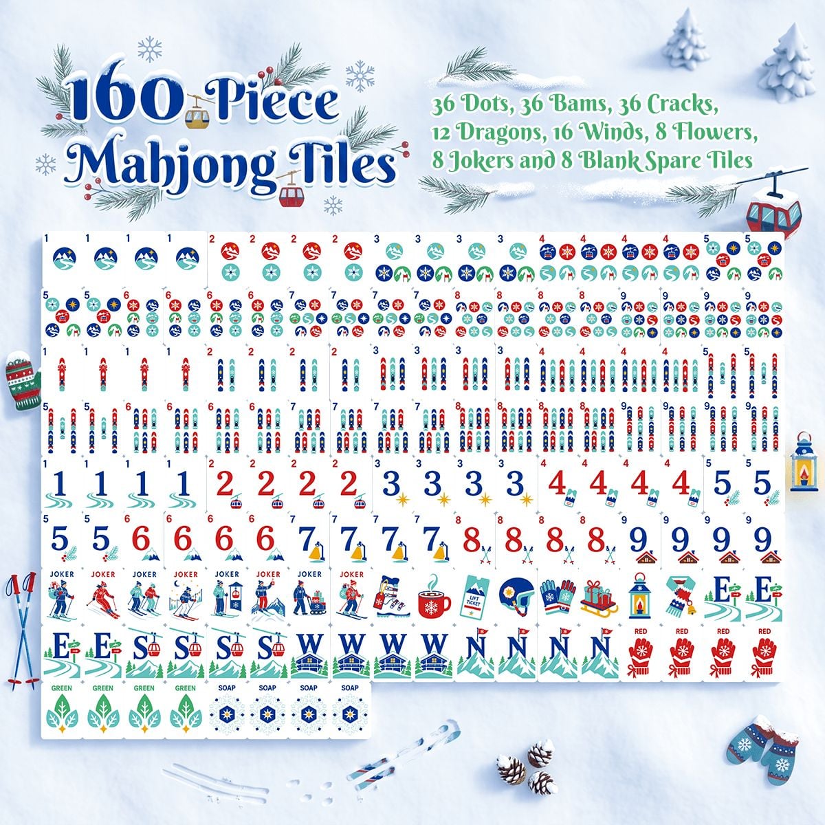 Alpine Slopes Christmas Mahjong Tiles Teal penguins