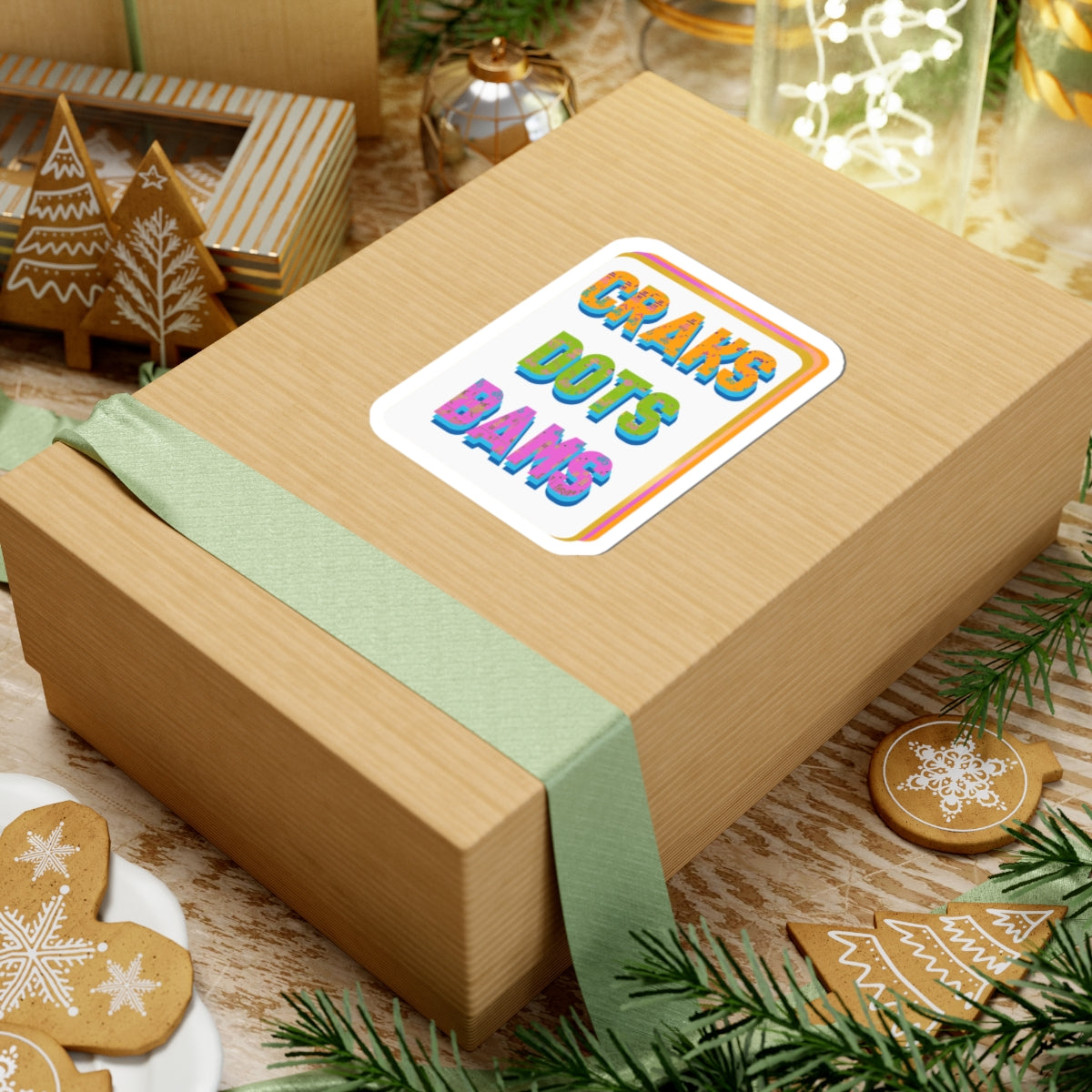 Kiss-Cut Sticker — Colorful 3D Text "CRAKS DOTS BAMS" Laptop Decal