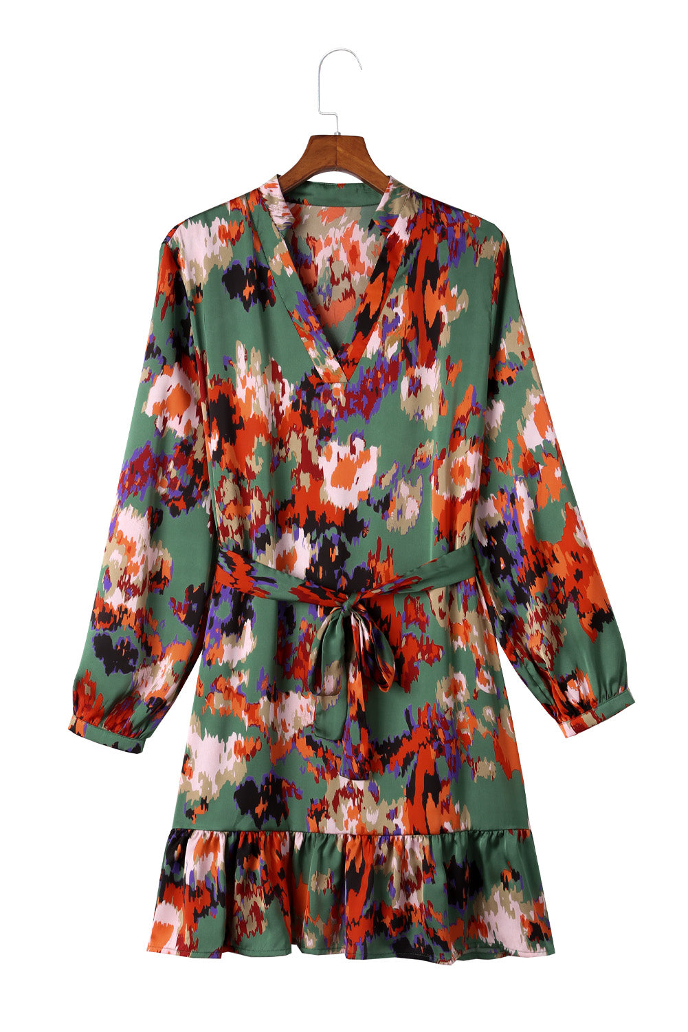 Abstract Print Waist Belted Flounce Hem Split V Neck Long Sleeve Dress