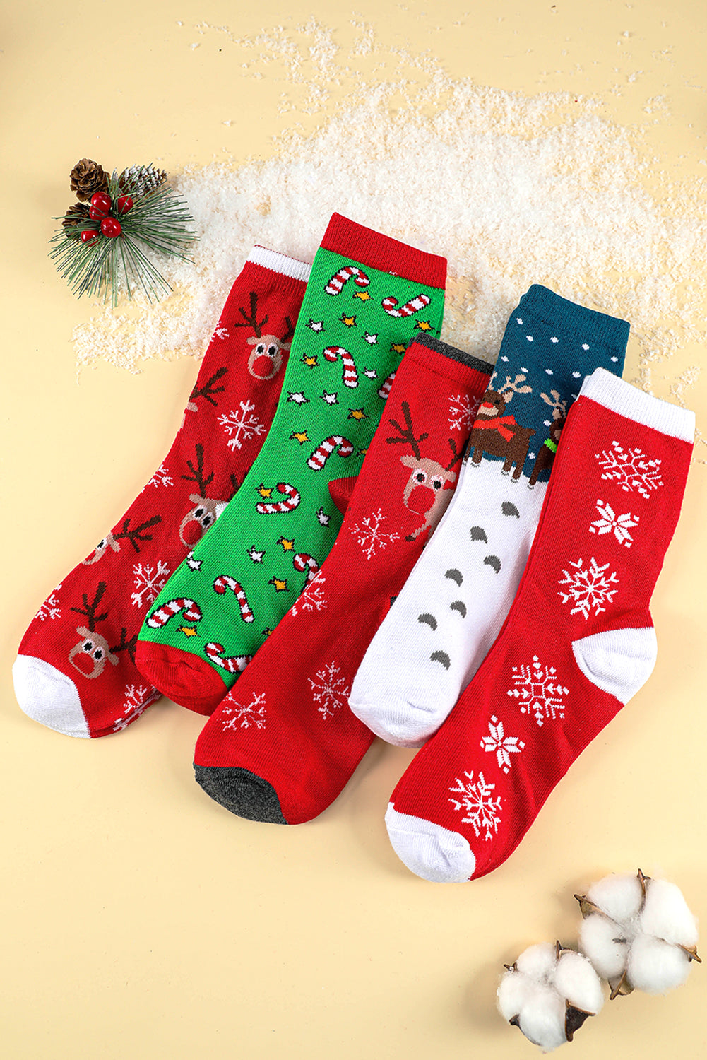 Fiery Red 5 Pairs Christmas Cartoon Elk Soft One Size Socks Set