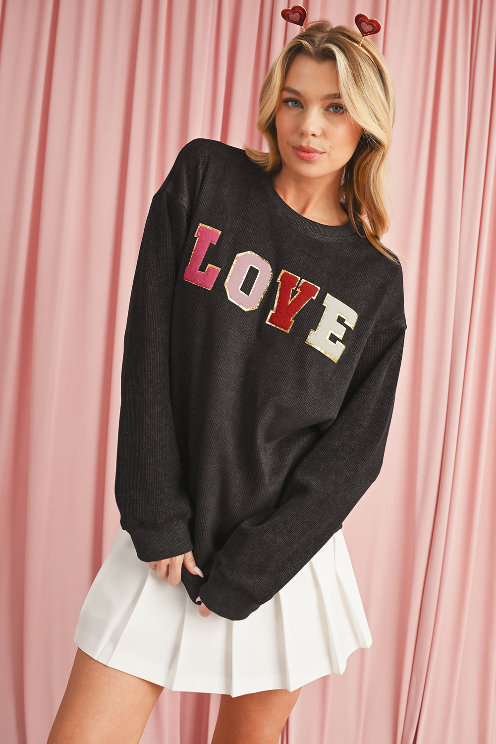 Black Glitter LOVE Letter Graphic Corded Baggy Sweatshirt