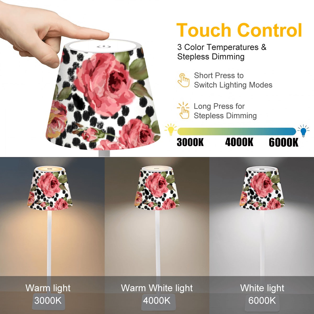 LED Cordless Table Lamp- in Painted roses on black and white