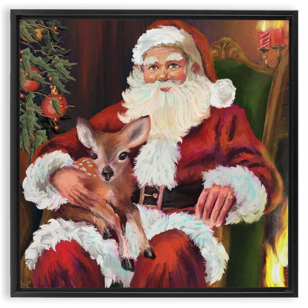 Magical Santa with baby deer Framed Canvas Wraps-powered by Artivive