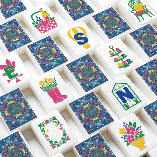 Bright blue Mahjong Tiles Set (Floral Garden Style) (Single Layer)