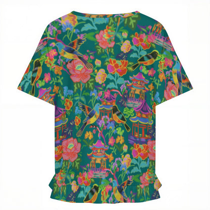 Women's Ruffle Hem Short Sleeve Tshirt Poppin pagodas dark green