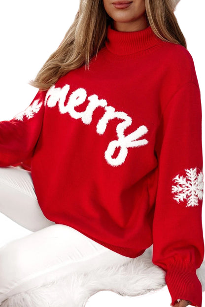 Fiery Red Merry Snowflake Pattern Christmas Turtleneck Sweater