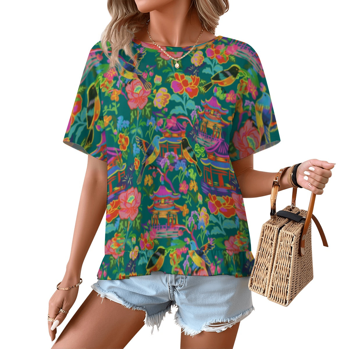 Women's Ruffle Hem Short Sleeve Tshirt Poppin pagodas dark green