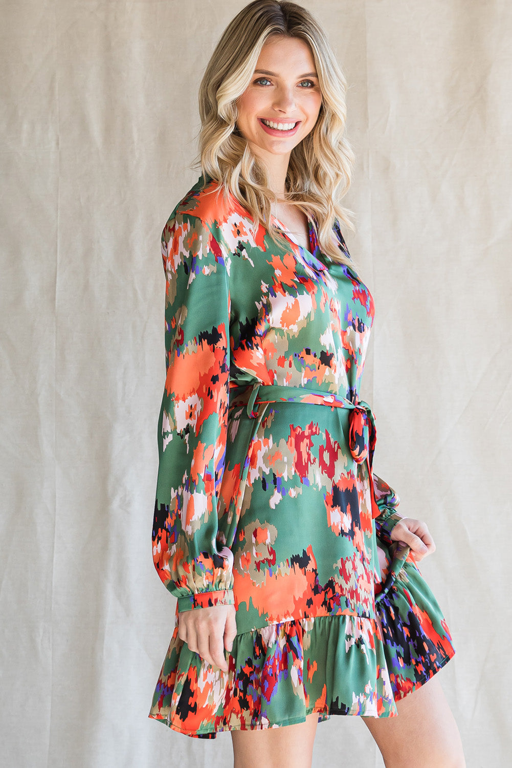 Abstract Print Waist Belted Flounce Hem Split V Neck Long Sleeve Dress