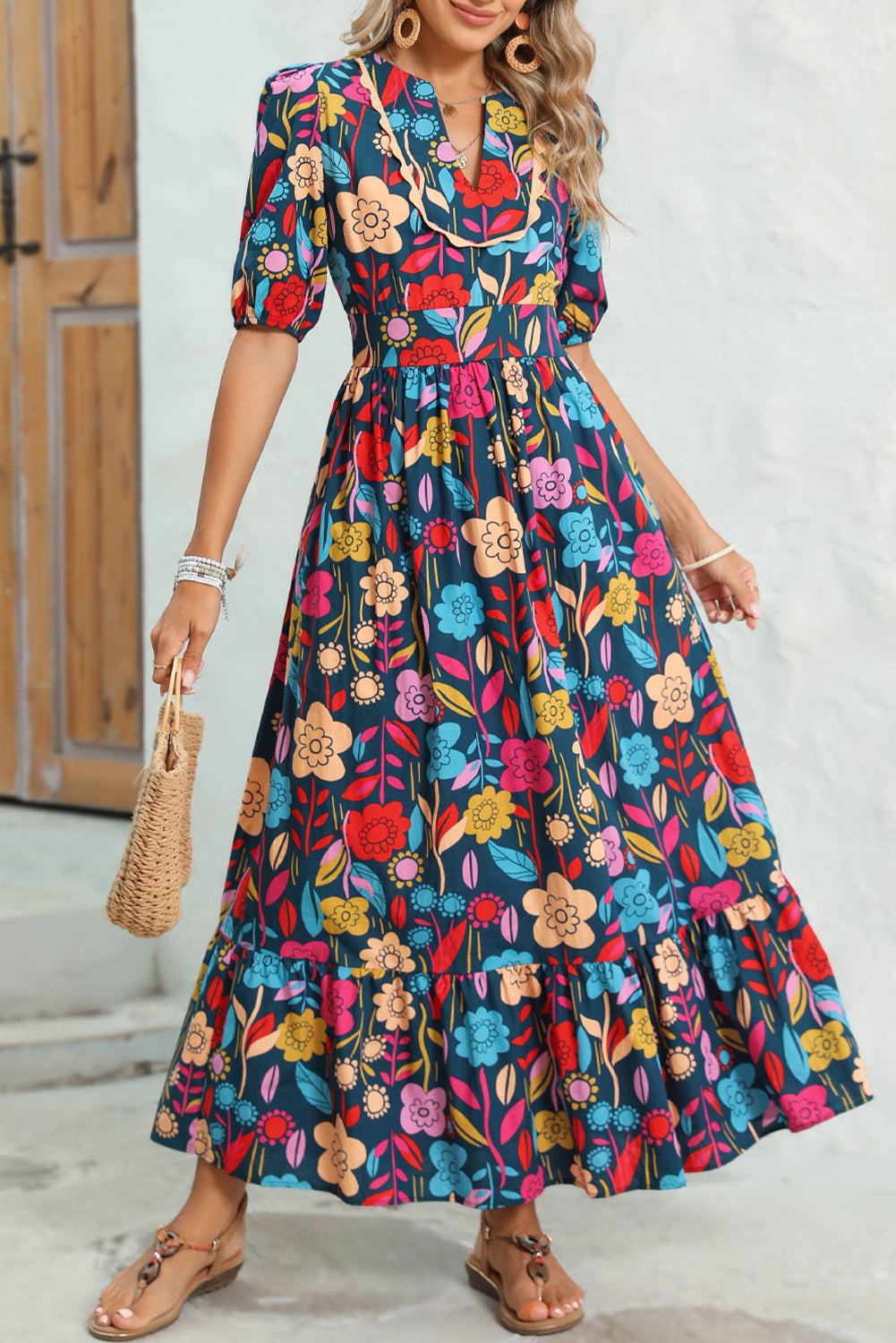 Green Floral Print Split V Neck Puff Sleeve Maxi Dress