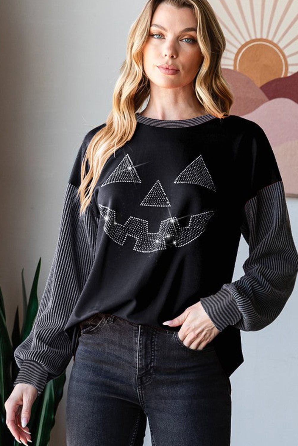 Black Halloween Rhinestone Pumpkin Contrast Ribbed Patchwork Top