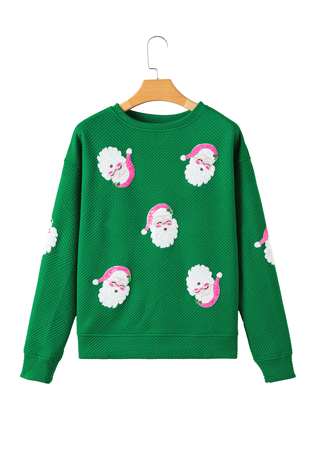 Green Santa Clause Pattern Textured Pullover and Shorts Casual Outfit