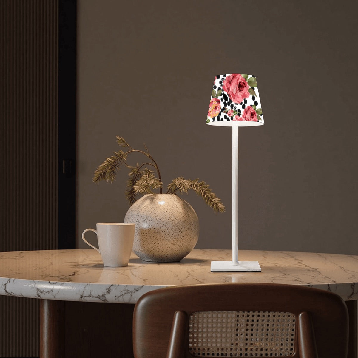 LED Cordless Table Lamp- in Painted roses on black and white