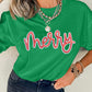 Bright Green merry Letter Sequins Patch Cotton Blend Tee