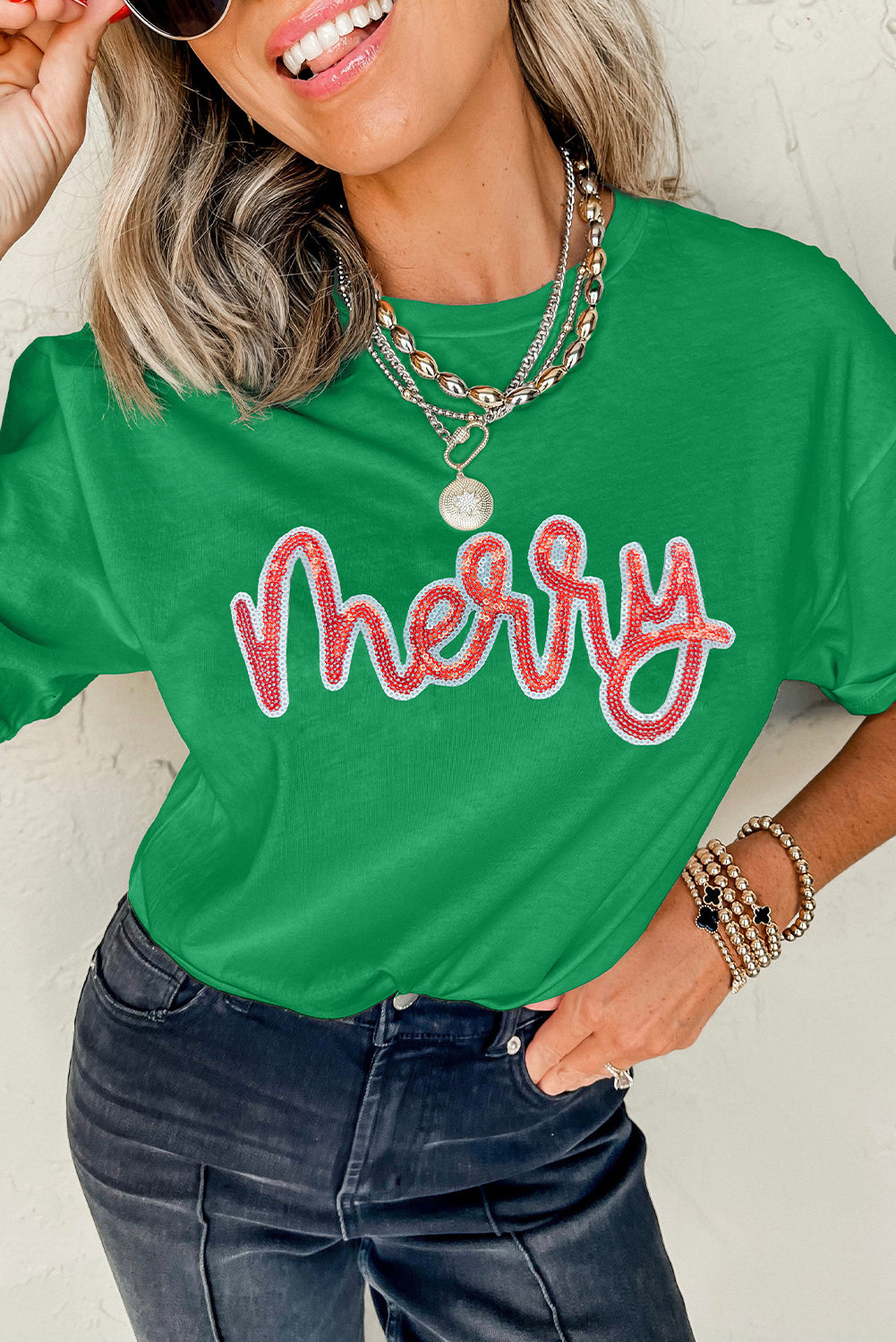 Bright Green merry Letter Sequins Patch Cotton Blend Tee