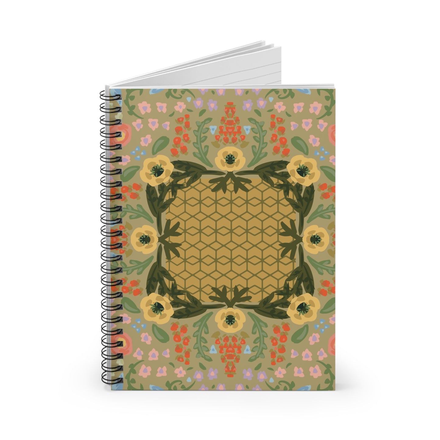 Floral Boho Spiral Notebook — Ruled Journal with Yellow Flower Mandala