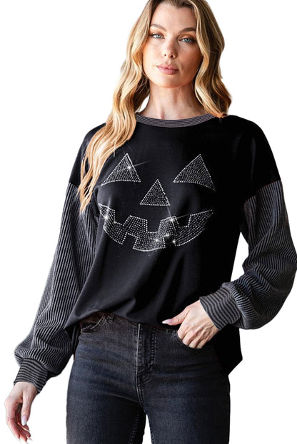 Black Halloween Rhinestone Pumpkin Contrast Ribbed Patchwork Top